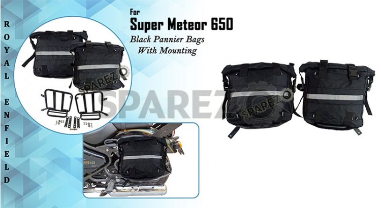 Royal Enfield Super Meteor 650 Black Canvas Pannier Bags With Mounting - SPAREZO